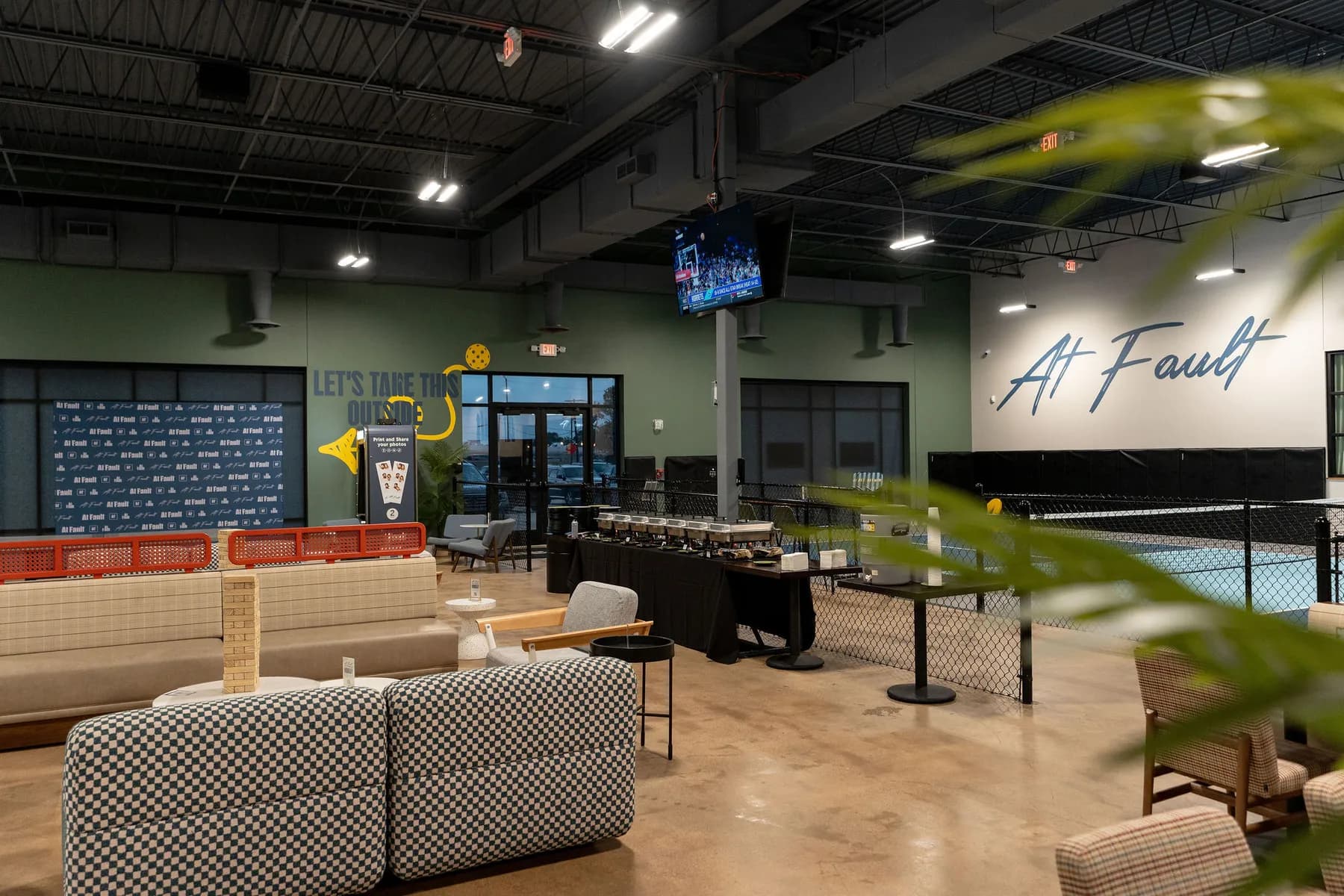 The At Fault lounge and court area set for guests to gather